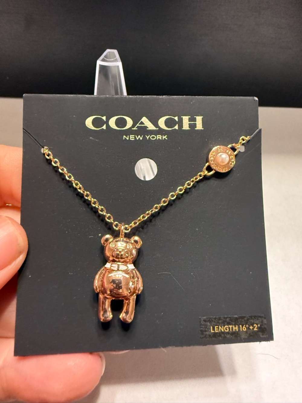 NEW COACH 3D Teddy Bear charm necklace Rose Gold Logo Pearl Adjustable 16”+2”